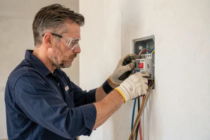 Électricien connectant les fils d'un interrupteur poussoir Legrand sur un mur blanc lors d'une installation résidentielle