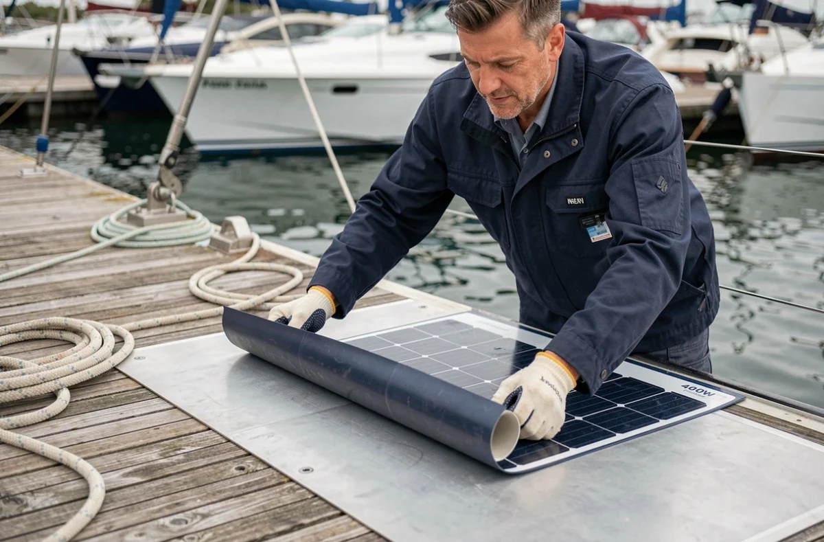 Homme installant un panneau solaire souple 400W sur le pont d'un voilier dans un port de plaisance