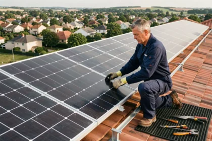 Technicien installant des panneaux solaires 400W sur un toit résidentiel pour un kit solaire autonome 5000W