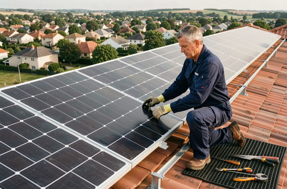 Technicien installant des panneaux solaires 400W sur un toit résidentiel pour un kit solaire autonome 5000W