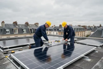 Deux techniciens installant des panneaux solaires sur un toit à Amiens avec l'architecture picarde en arrière-plan