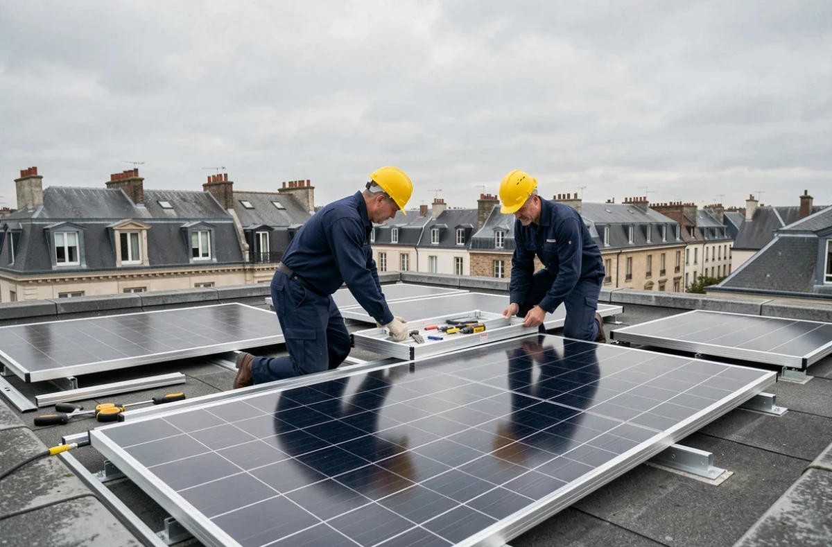 Deux techniciens installant des panneaux solaires sur un toit à Amiens avec l'architecture picarde en arrière-plan