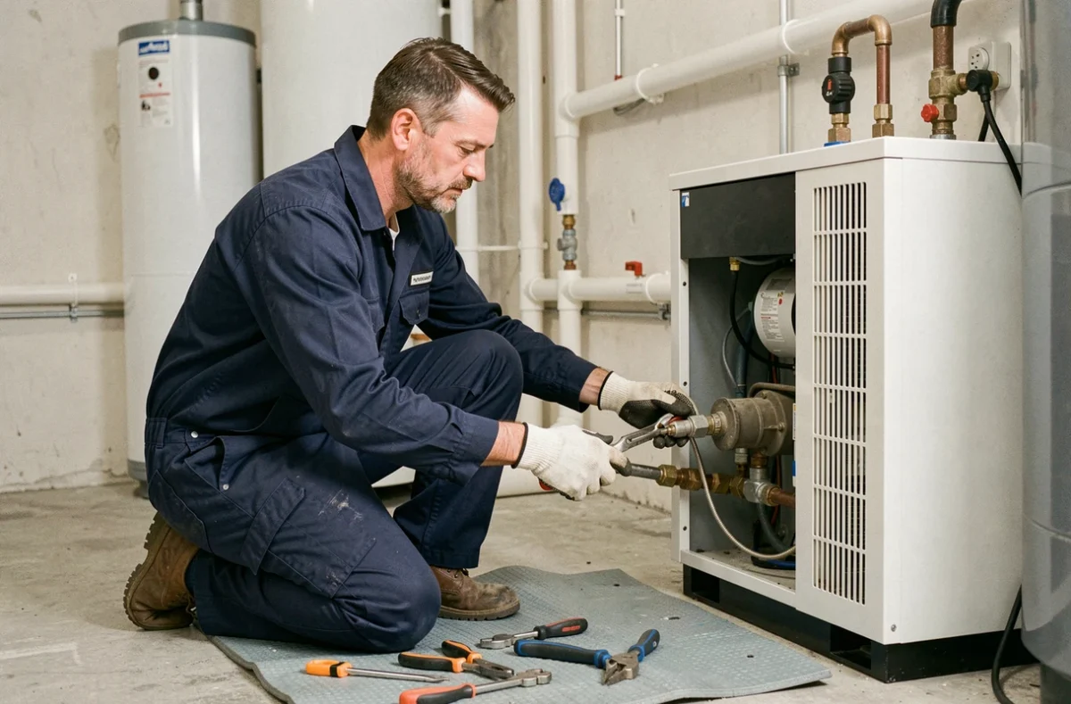 Technicien installant une pompe à chaleur air-eau dans une chaufferie résidentielle avec tuyauterie et outillage professionnel