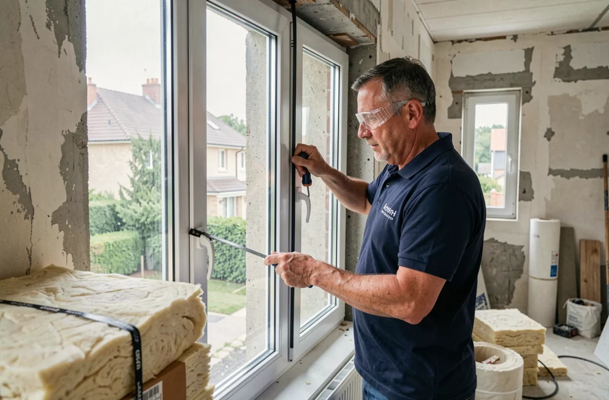 Technicien installant une fenêtre double vitrage PVC lors d'une rénovation thermique pour Isotherm-Fenêtres