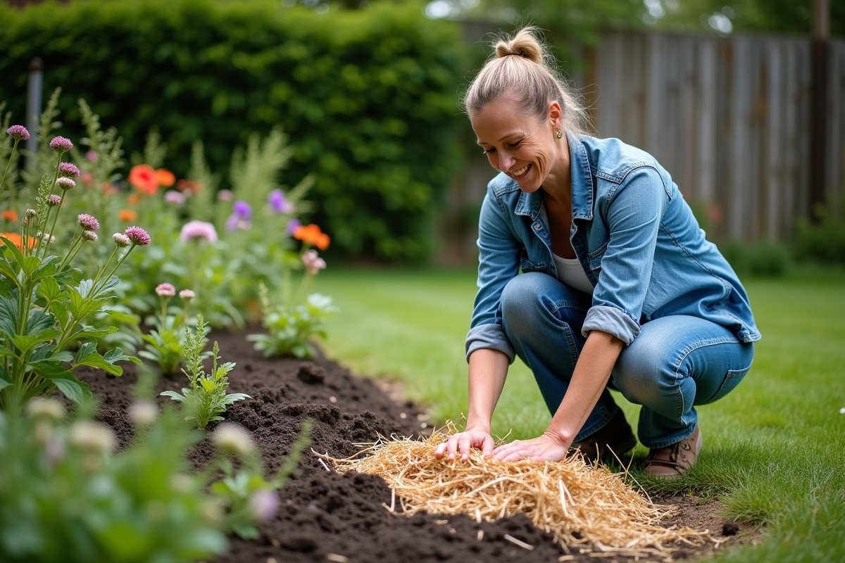Femme en extérieur appliquant de la paille sur le sol du jardin