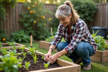 Femme plantant des semis dans un jardin en plein air