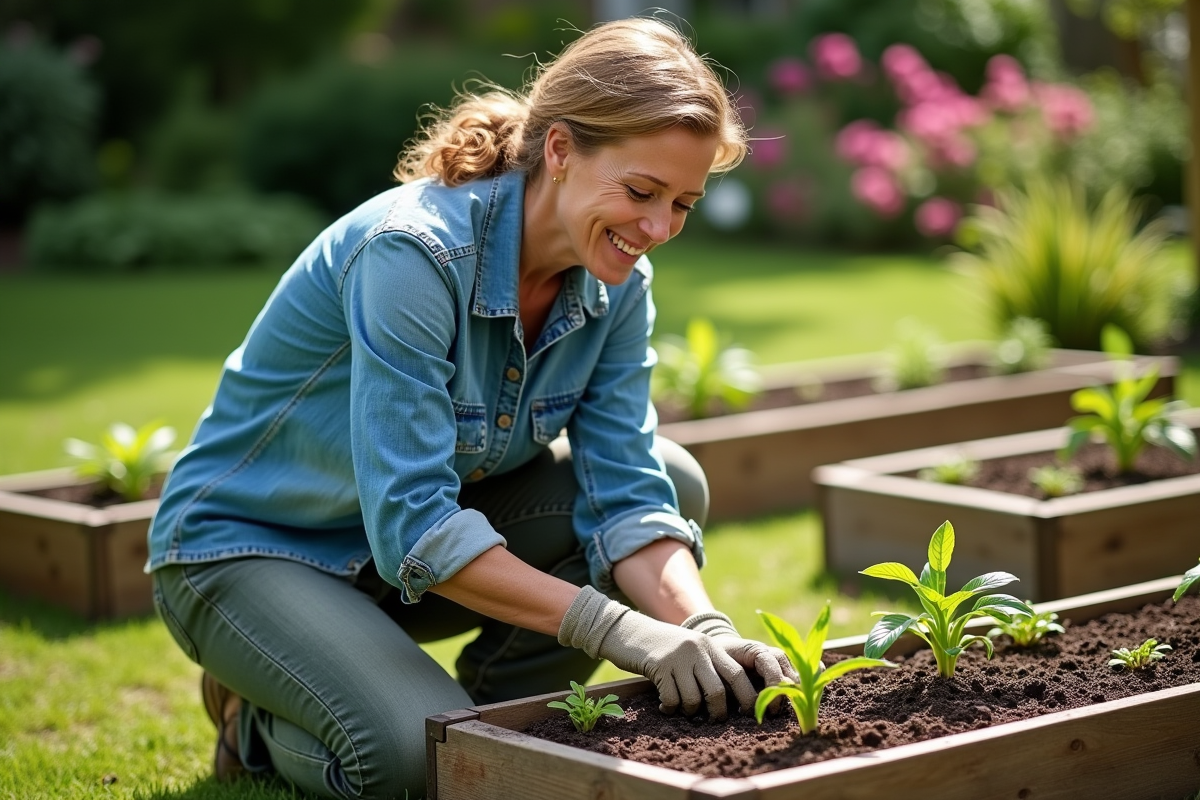 Femme en jardinage plantant des jeunes légumes dans un jardin