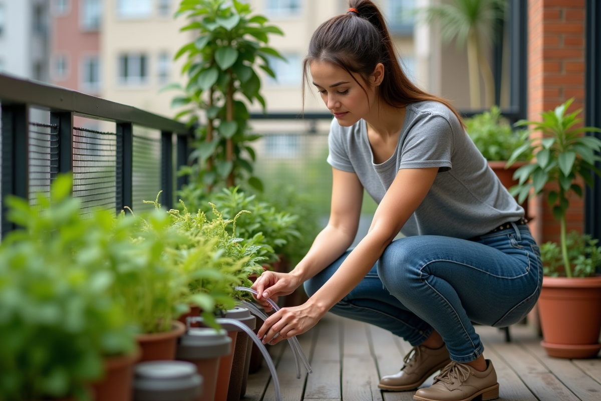 Femme plantant des herbes sur un balcon urbain