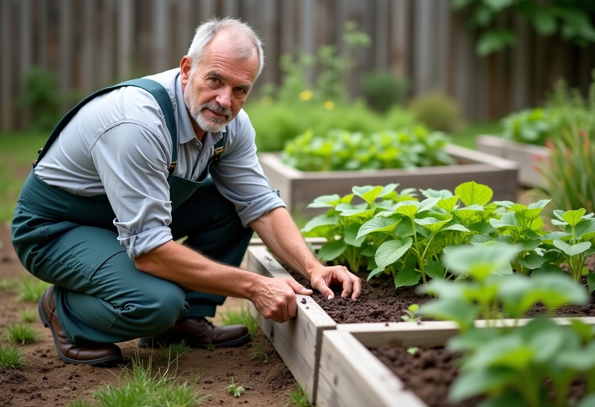 Homme en tenue de travail posant une barriere contre insectes dans un jardin