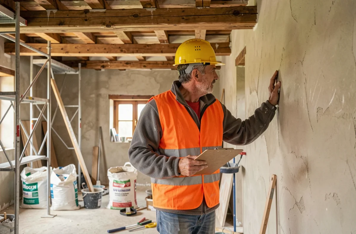 Conducteur de travaux de JD Suivi Concept inspectant un chantier de rénovation d'une ferme pyrénéenne