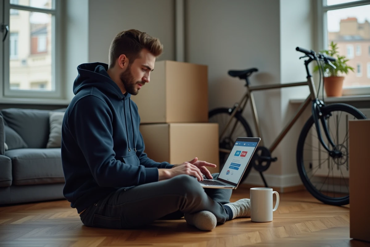 Jeune actif comparant des offres d'assurance habitation sur son ordinateur portable dans un studio