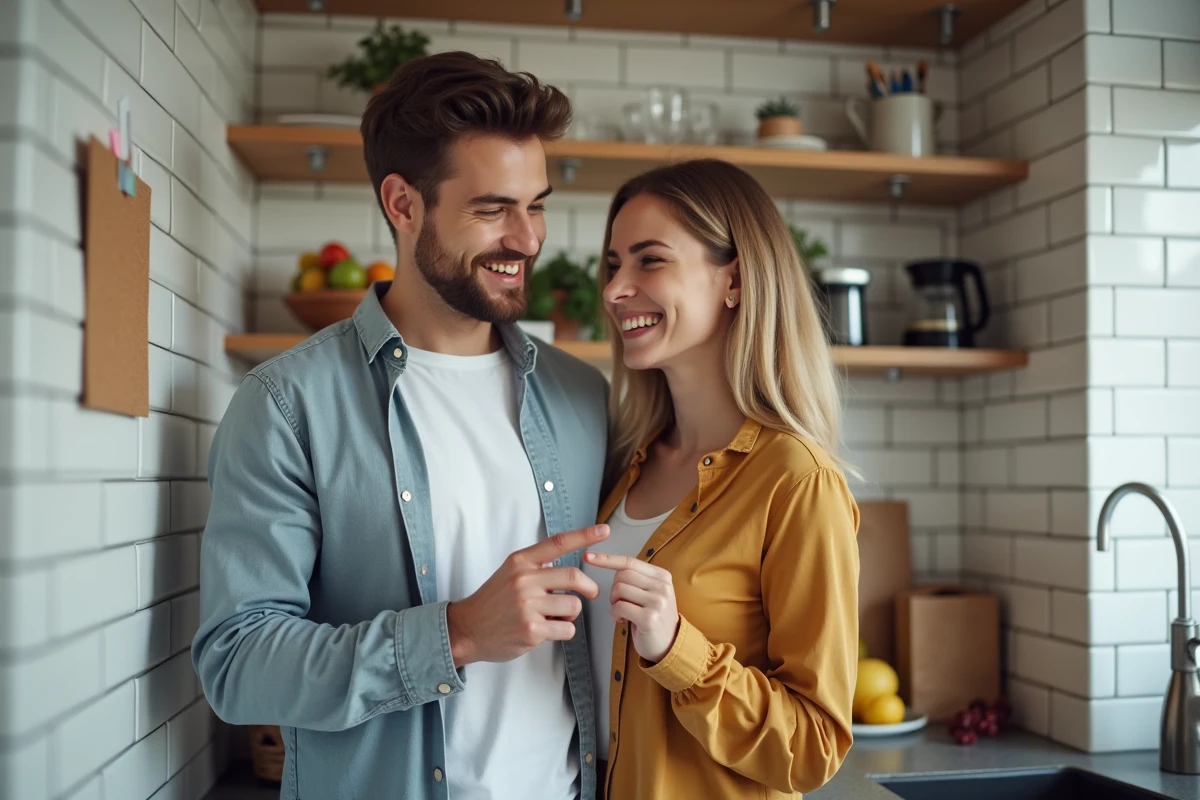 Jeune couple étudiant leur devis d'assurance habitation affiché dans leur cuisine