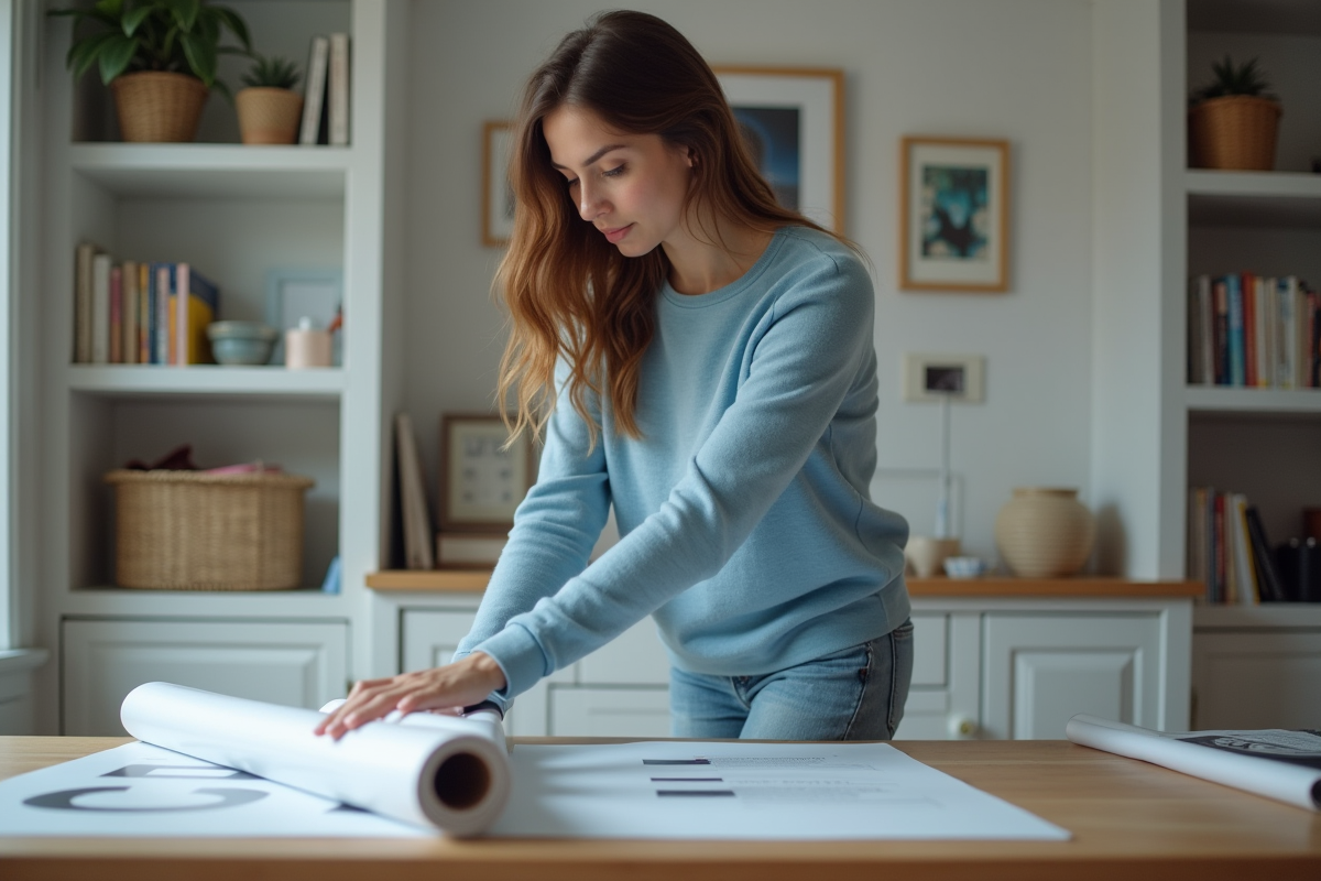 Jeune femme déployant une affiche de cinéma dans un bureau cosy