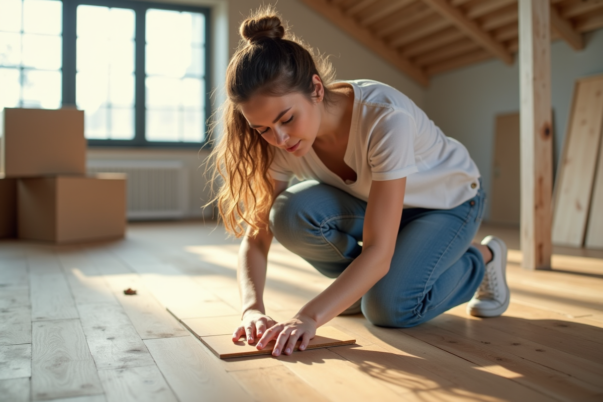 Jeune femme alignant des lames de parquet dans un loft