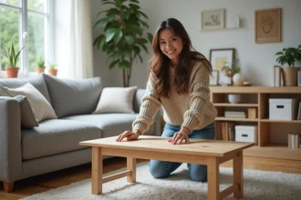 Jeune femme assemble un meuble en bois dans un salon lumineux