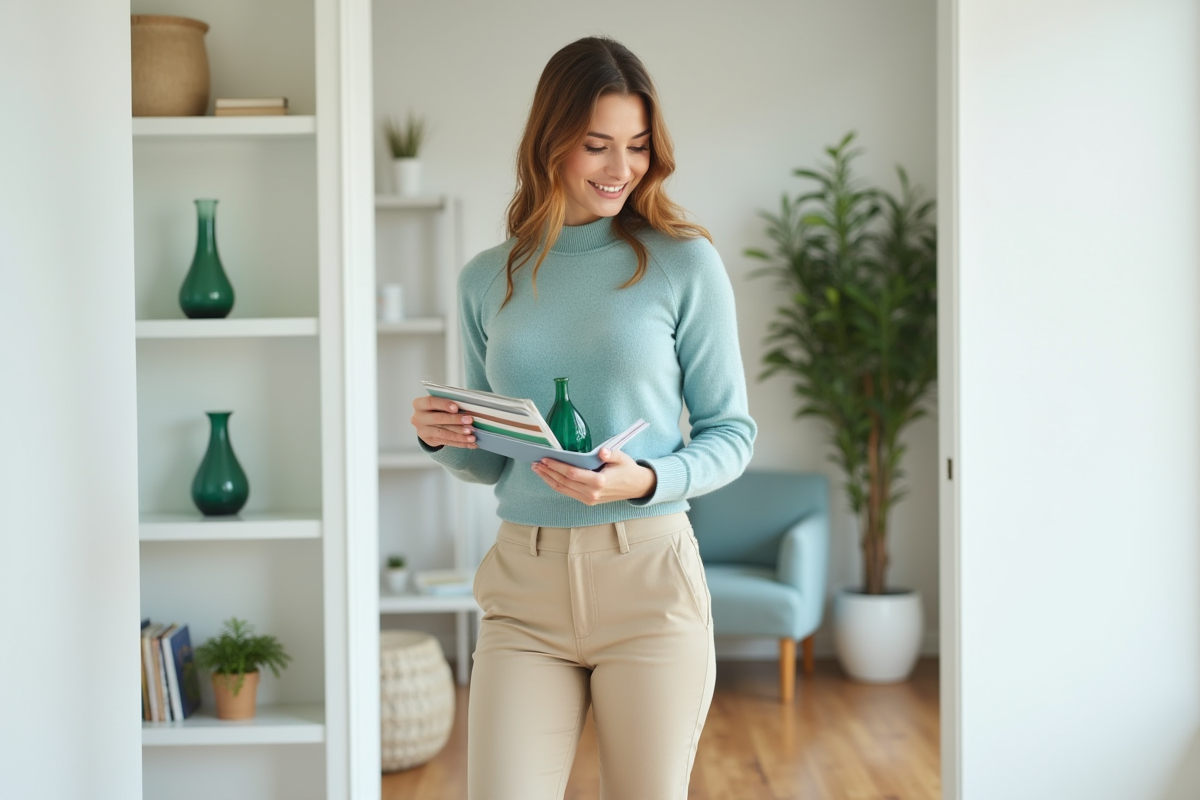 Jeune femme en pull bleu et pantalon beige dans un salon moderne