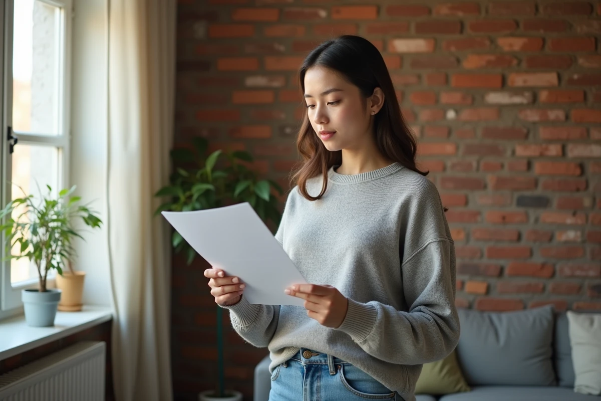 Jeune femme consultant son contrat d'assurance habitation dans son premier appartement