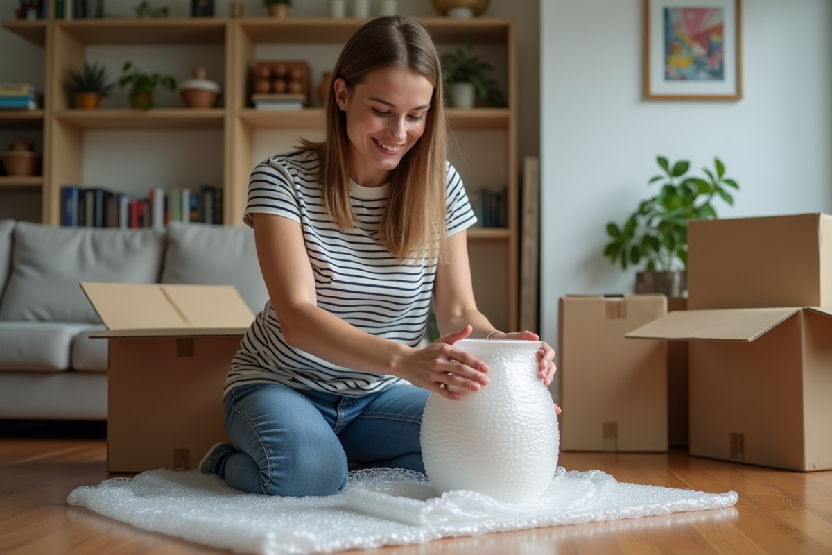 Jeune femme emballant un vase en bubble wrap dans un salon