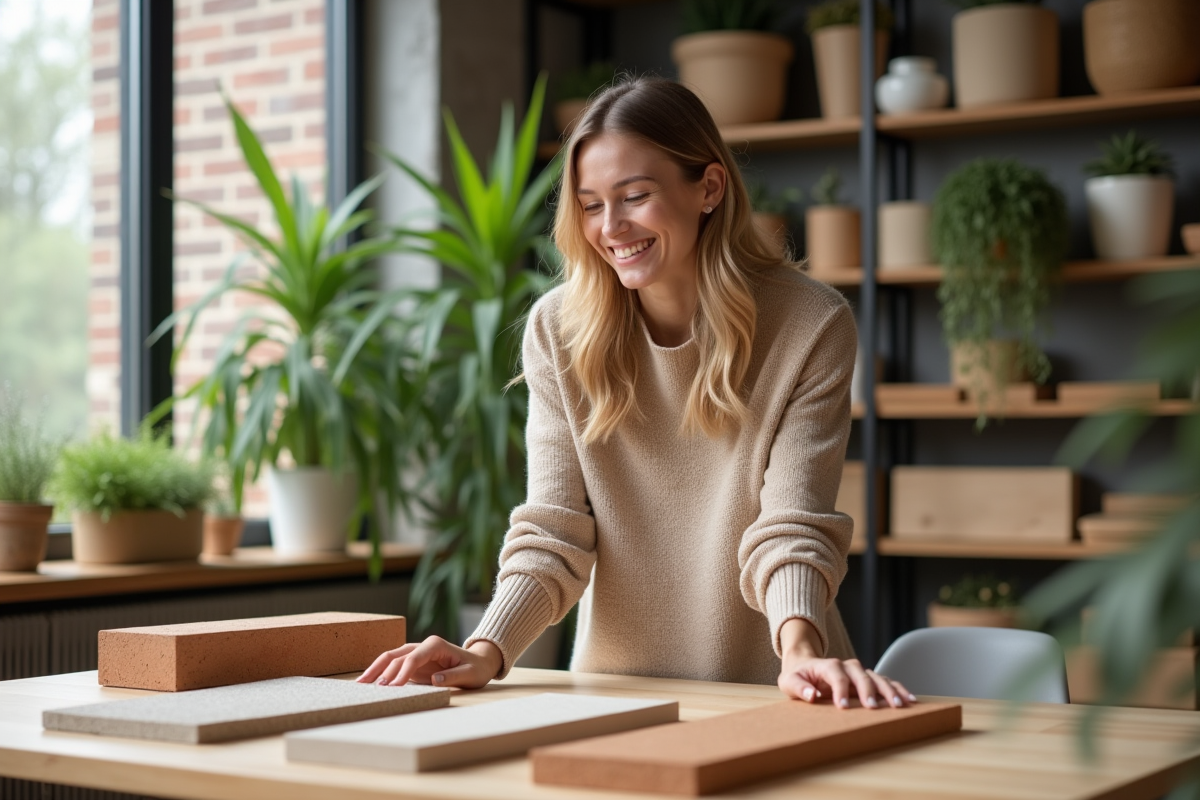 Jeune femme examine matériaux écologiques dans un showroom lumineux
