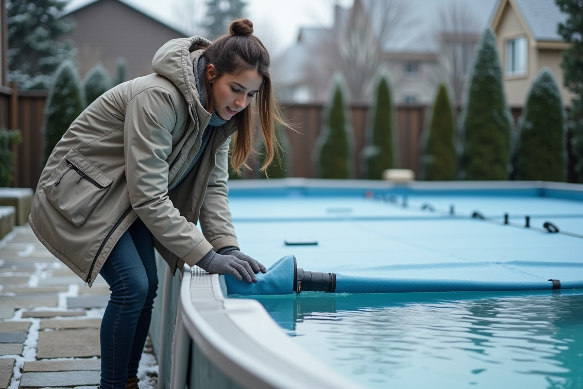Jeune femme ajustant une couverture de piscine en hiver