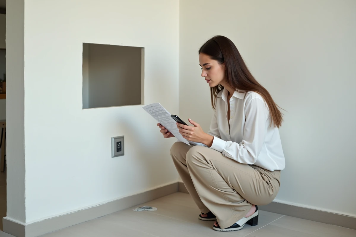 Jeune femme vérifie son smartphone avec un manuel technique dans la pièce