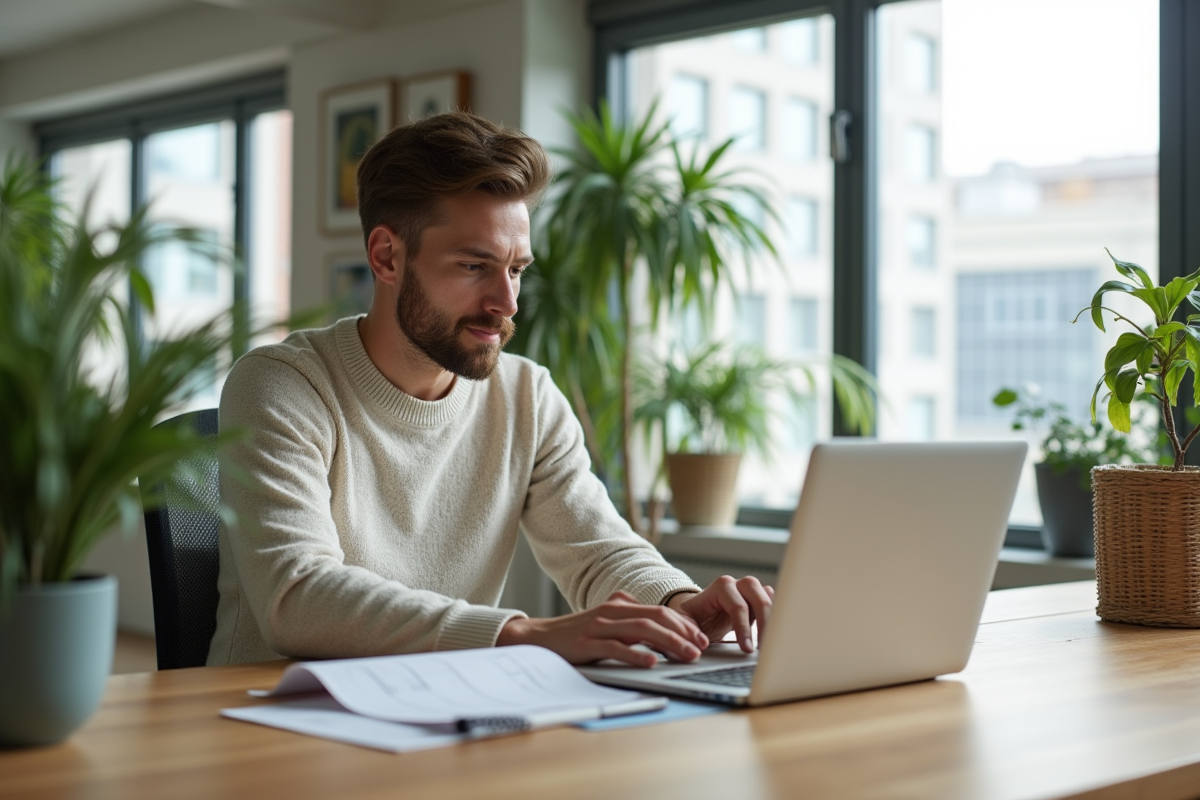 Jeune homme travaillant sur un ordinateur dans un bureau écologique