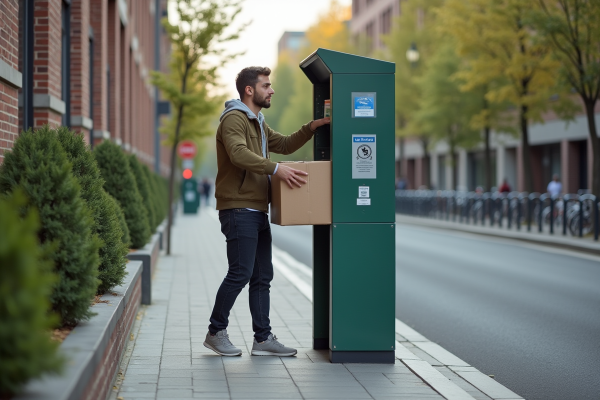 Jeune homme déposant un colis dans un cabinet de partage urbain