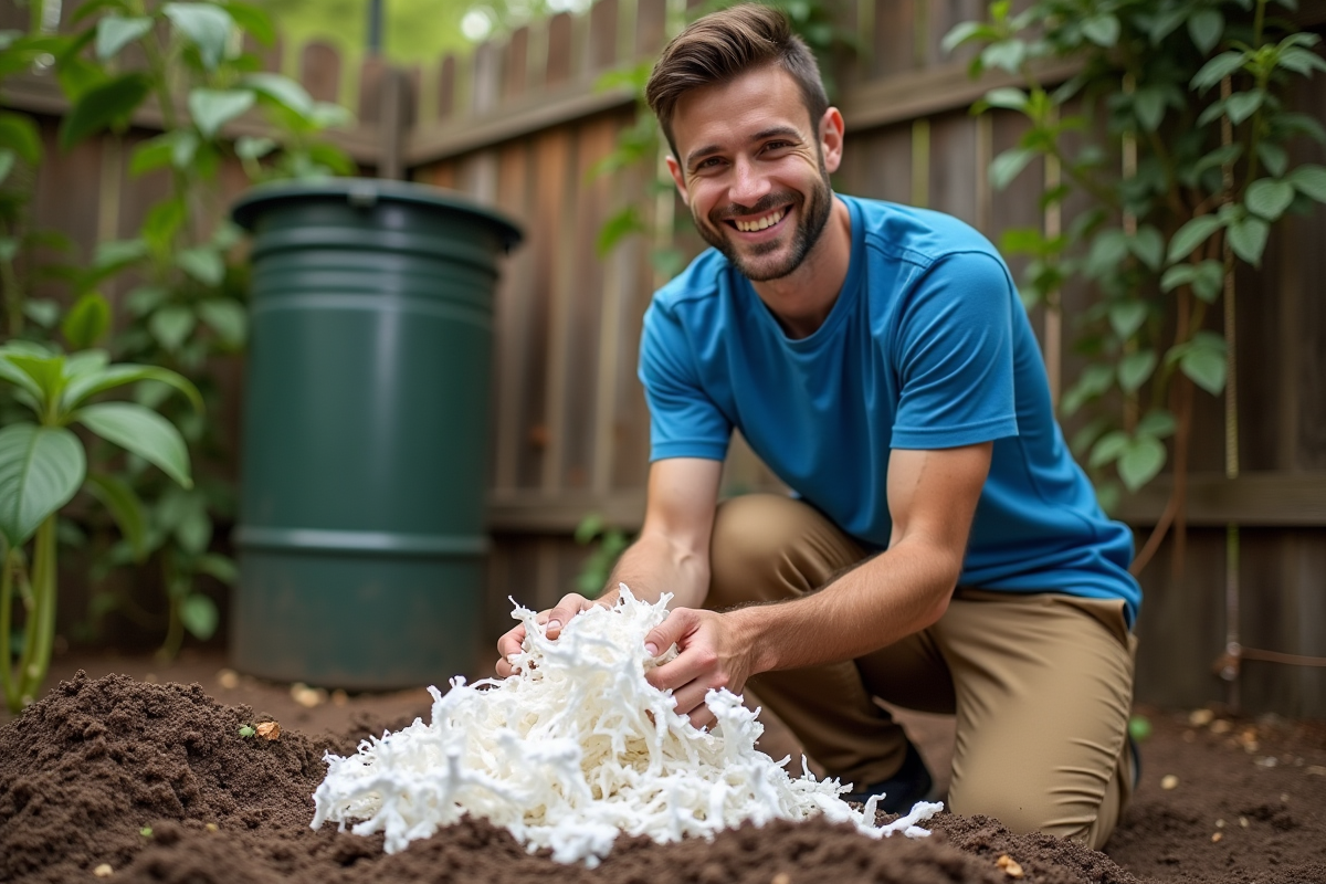 Jeune homme manipulant des papiers dans un compost extérieur