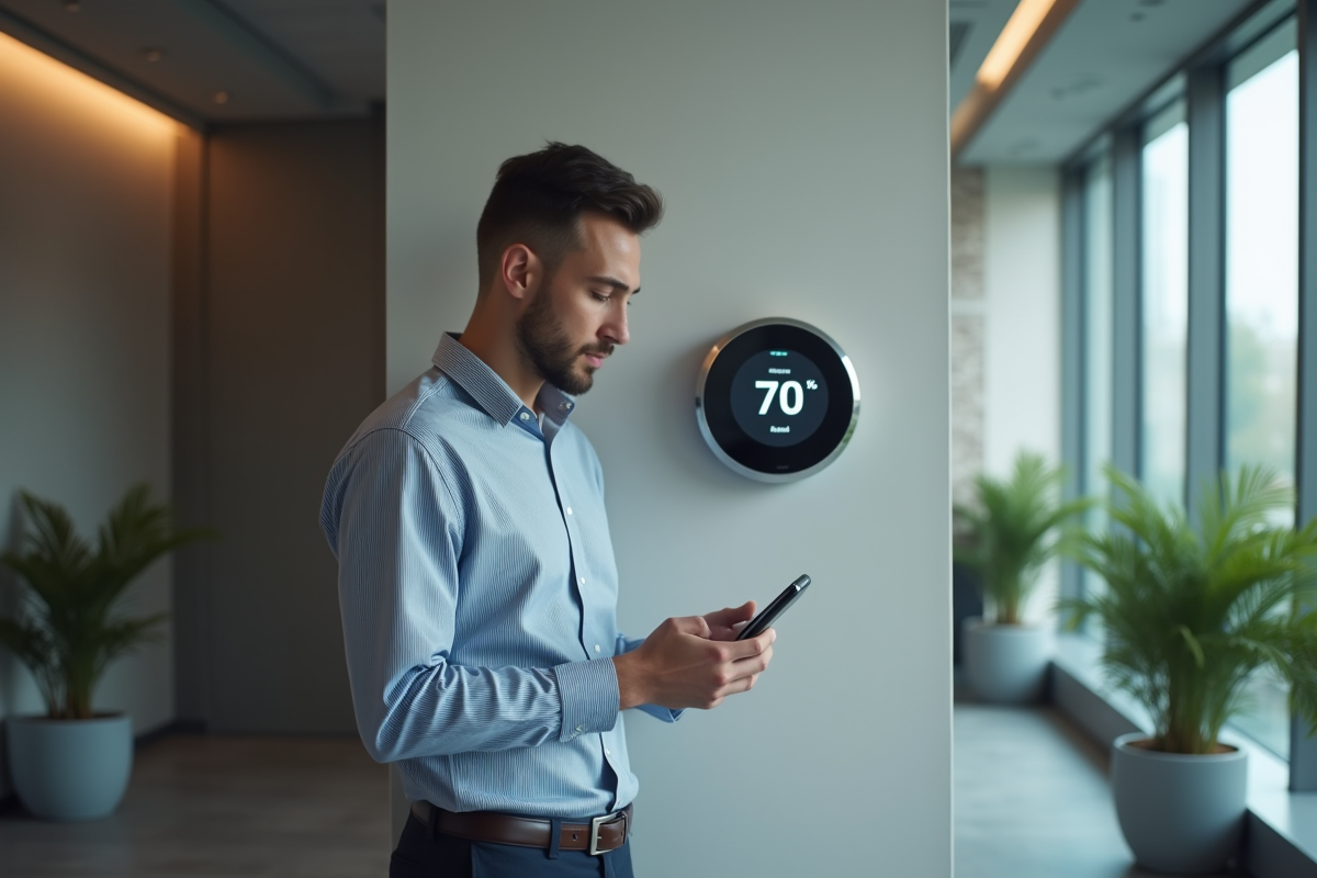 Jeune homme réglant un thermostat dans un bureau contemporain