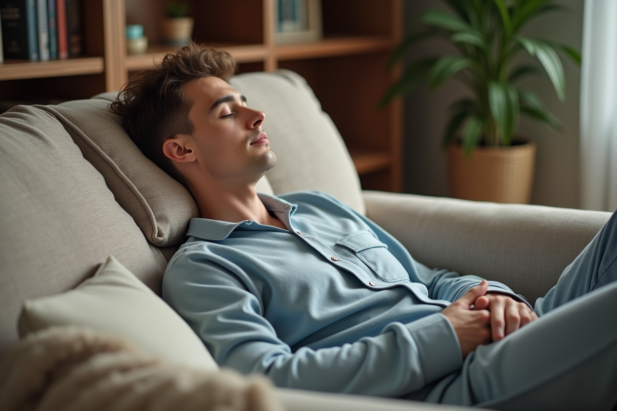 Jeune homme reposant sa tête sur un coussin dans un salon cosy