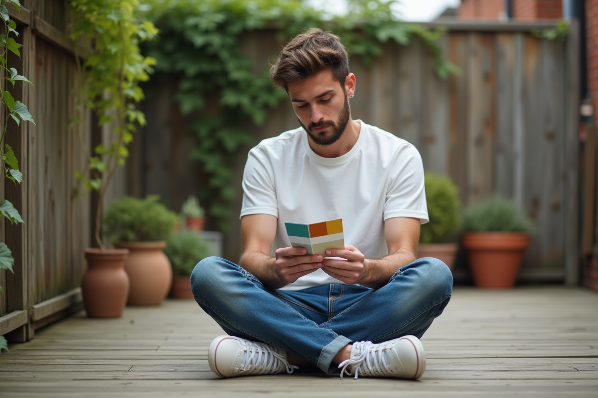 Jeune homme examinant des échantillons de couleur Dulux