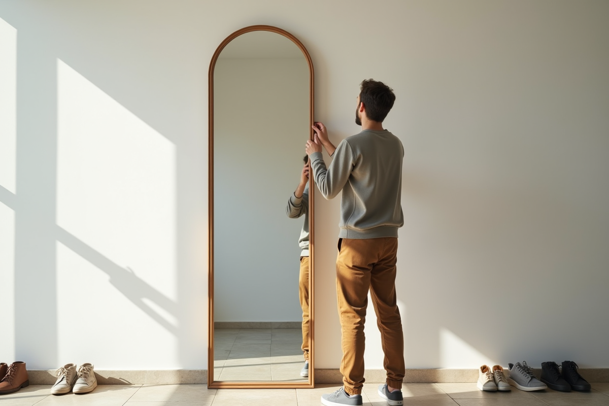 Jeune homme ajustant un miroir oval dans un couloir lumineux