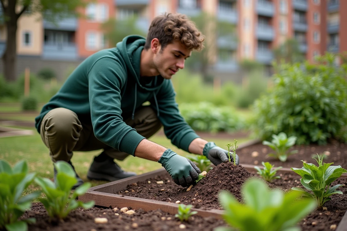 Jeune homme disposant du paillis dans un jardin communautaire