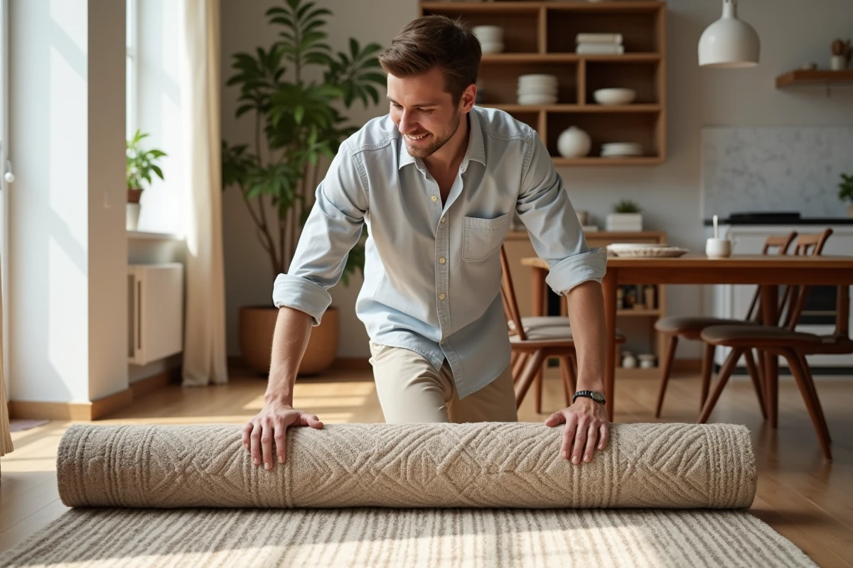 Jeune homme déployant un tapis dans une salle à manger lumineuse