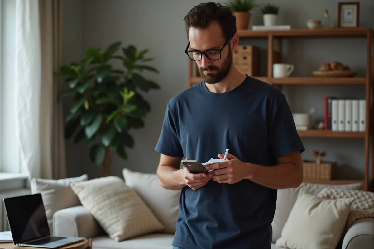 Jeune homme créant une liste de courses sur smartphone dans le salon