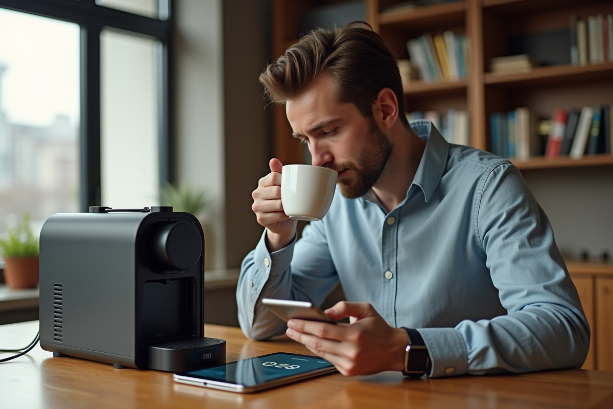 Jeune homme vérifiant sa consommation d énergie avec une machine à café
