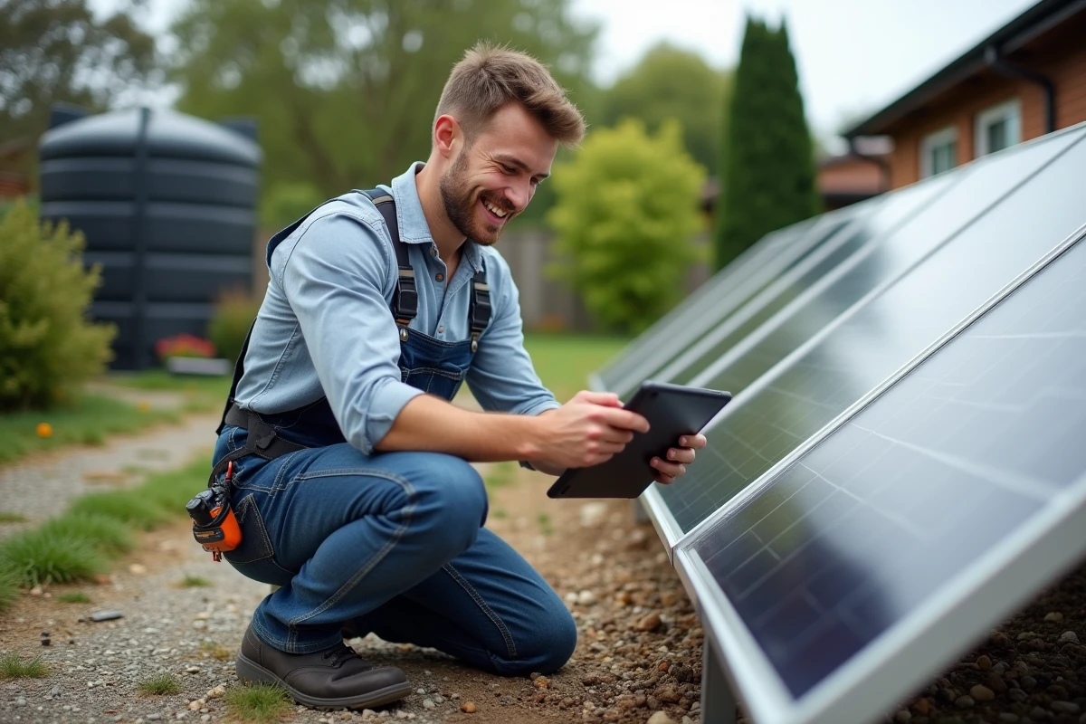 Jeune homme vérifiant un panneau solaire dans un jardin