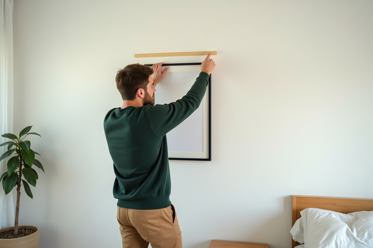 Jeune homme accrochant une photo dans sa chambre lumineuse