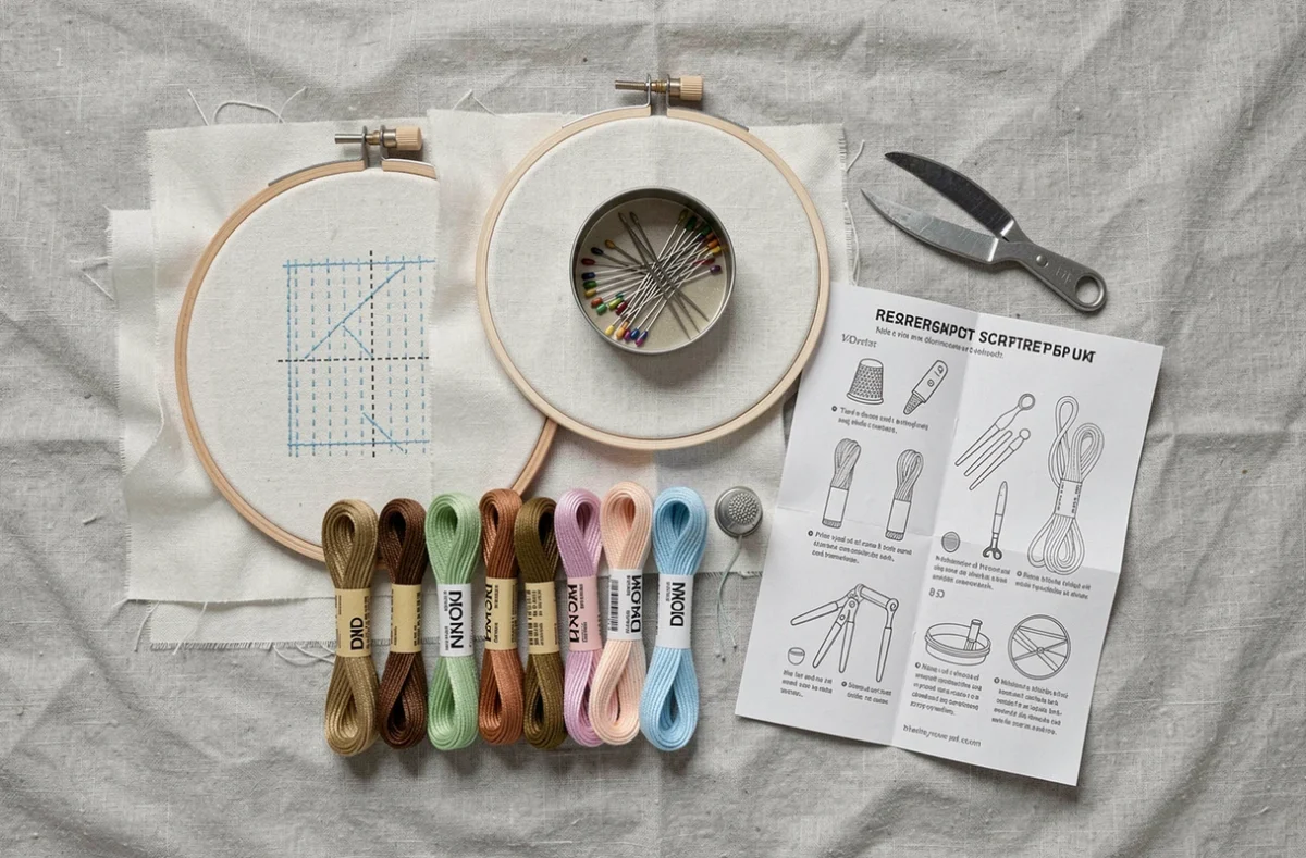Kit de broderie pour débutant avec tambour en bois, fils DMC, aiguilles et guide point arrière disposés en flat-lay sur lin gris
