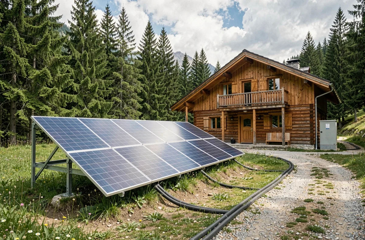Chalet isolé en montagne alimenté par un kit solaire autonome 5000W avec panneaux au sol