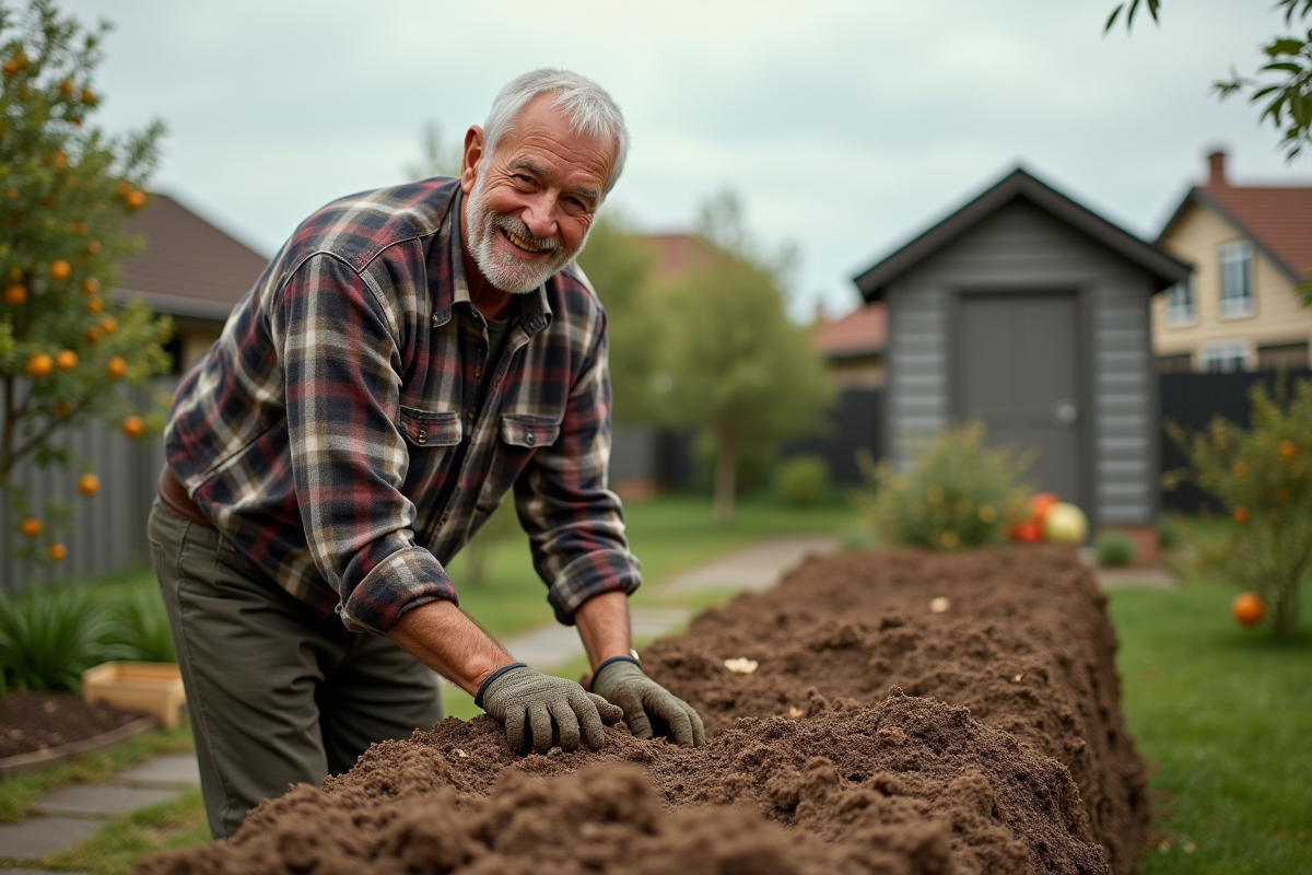 Homme âgé montrant la technique de jardinage lasagne dans le jardin