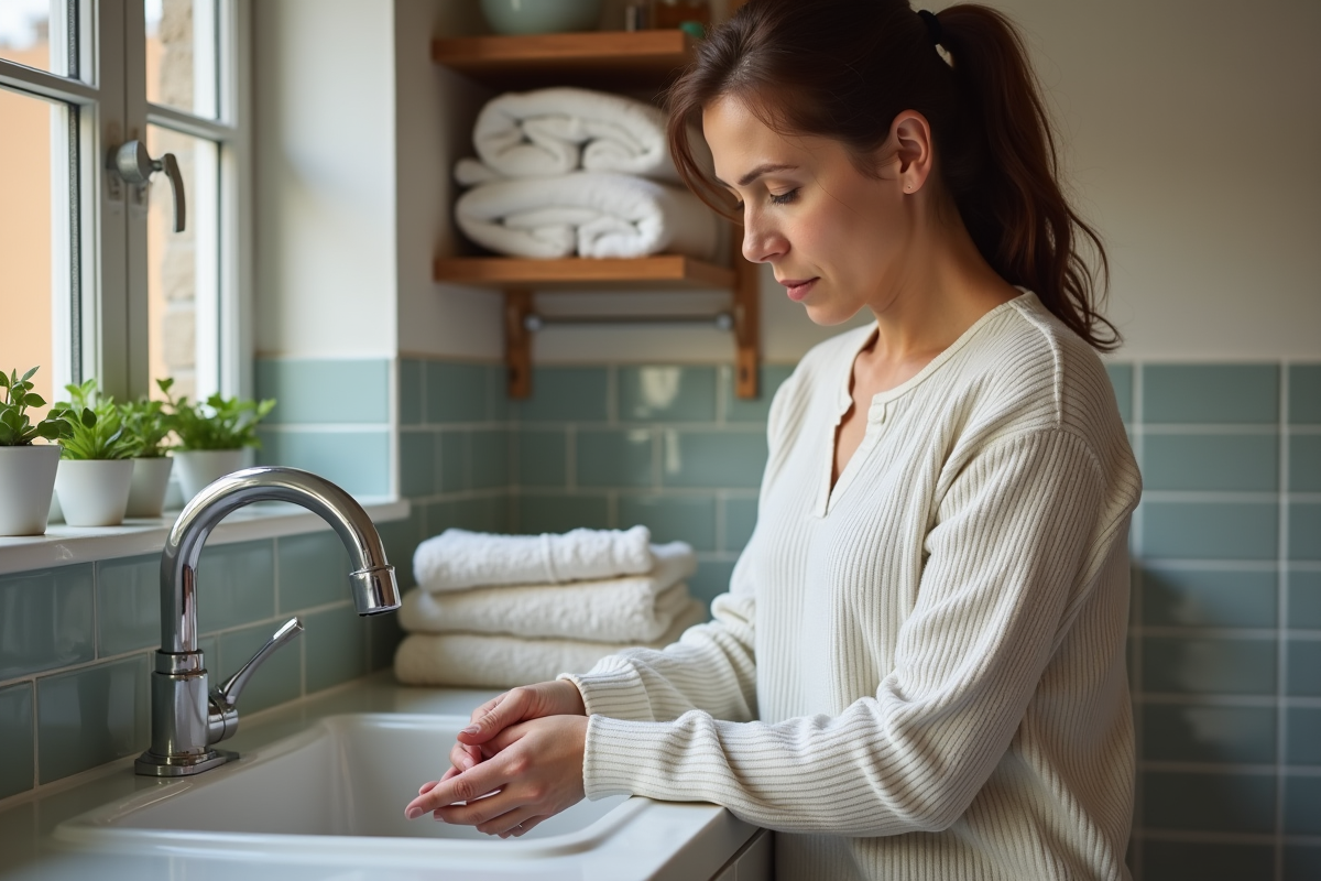 Femme lavant délicatement un haut thermique à la main dans un évier blanc