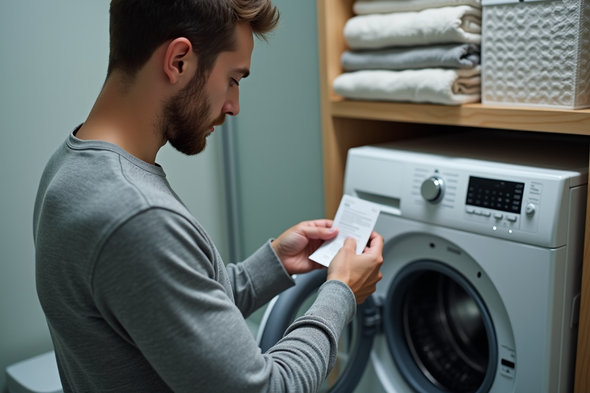 Jeune homme lisant une étiquette de lavage sur un vêtement thermique
