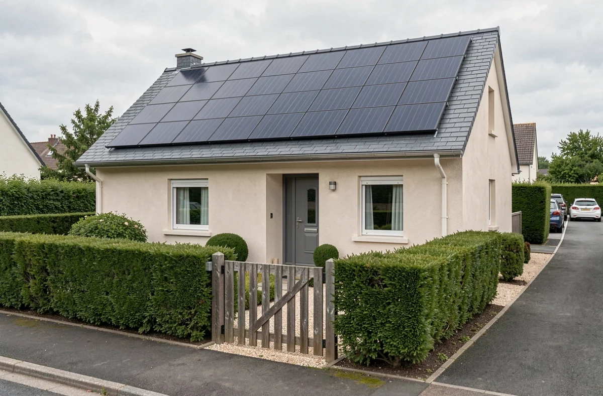 Maison individuelle avec toiture rénovée intégrant des tuiles solaires photovoltaïques en harmonie avec l'ardoise traditionnelle