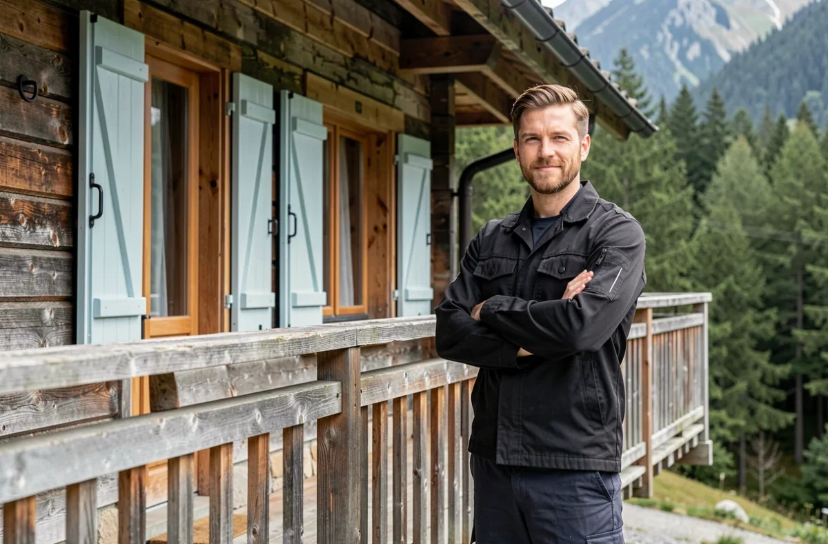 Spécialiste de Man Pyrenees devant un chalet pyrénéen rénové avec volets et balcon restaurés
