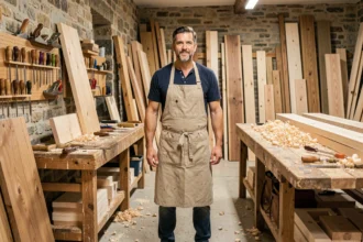 Menuisier artisan dans un atelier de menuiserie en Isère entouré d'outils et de panneaux de bois