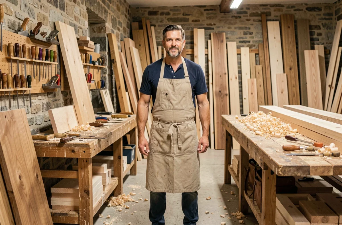 Menuisier artisan dans un atelier de menuiserie en Isère entouré d'outils et de panneaux de bois