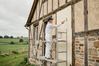 Peintre en bâtiment professionnel appliquant de la peinture sur la façade d'une maison normande à colombages, debout sur un échafaudage avec la campagne normande en arrière-plan