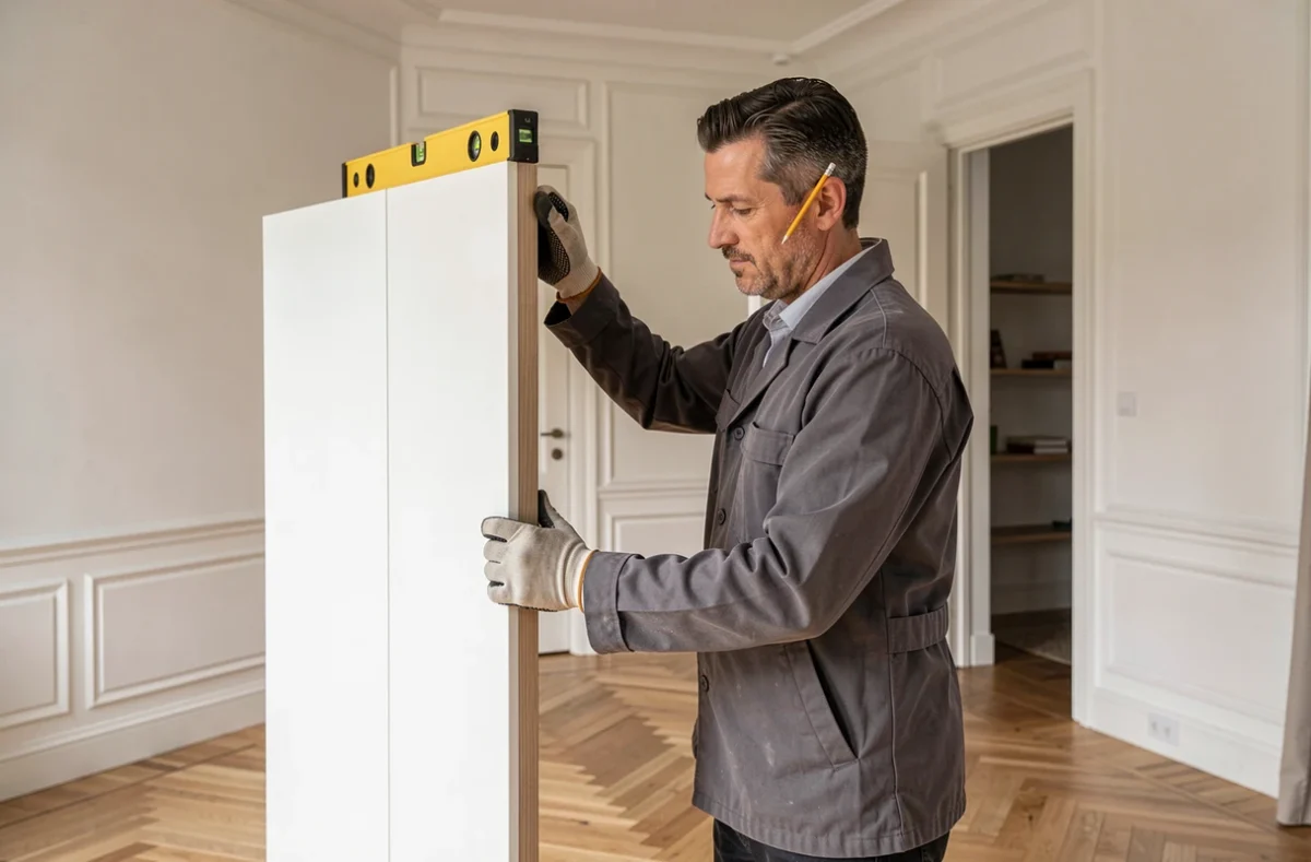 Menuisier de Menuiserie Foray SAS posant un meuble sur mesure dans un intérieur moderne lors d'un chantier d'agencement