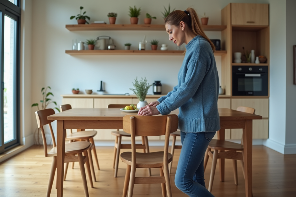 Femme mesurant l'espace autour d'une table à manger moderne